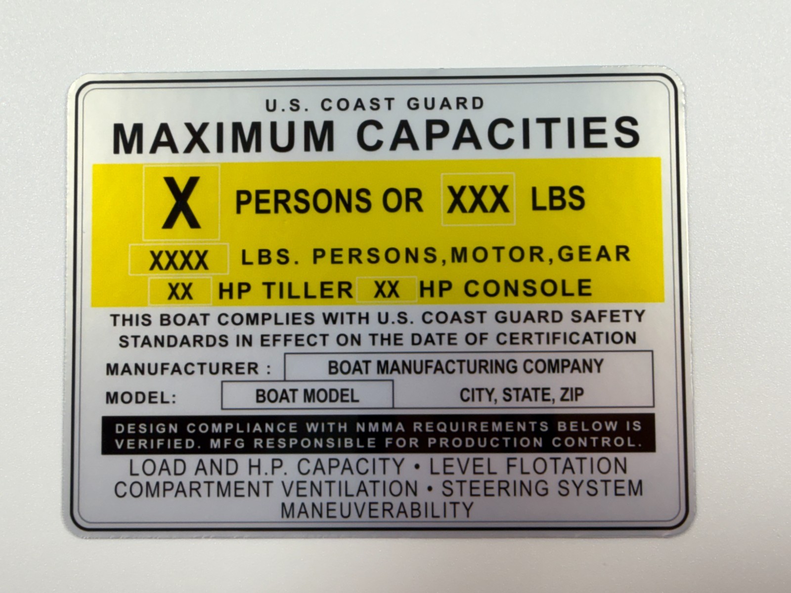 Custom Boat Capacity Plate Replacement Decal USCG NMMA Tag Sticker Silver 4×3
