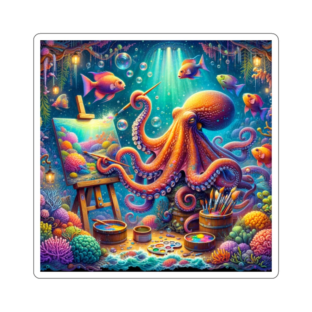 Sticker Underwater Scene Colorful Fish Octopus Art 2×2 3×3 4×4 6×6
