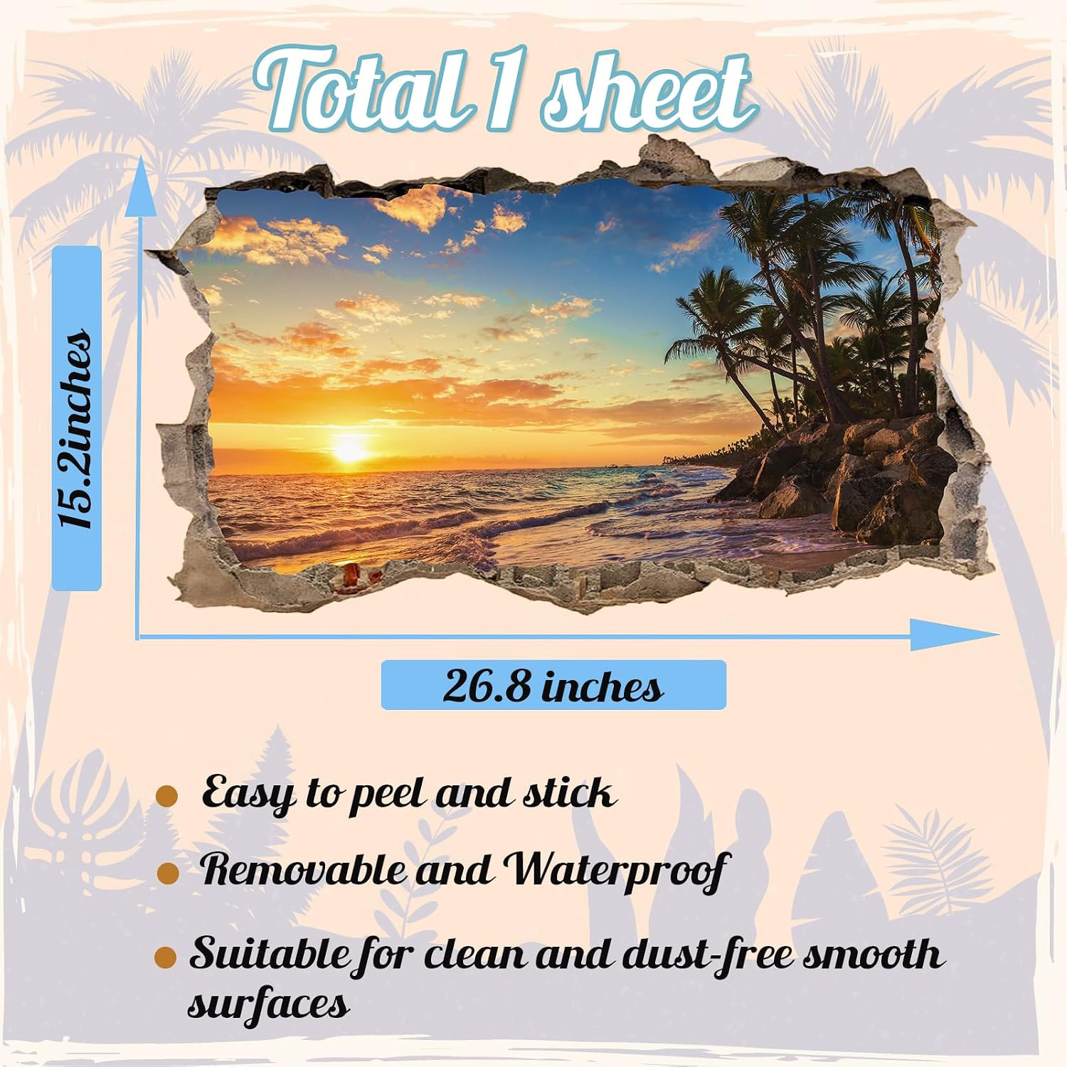 3D Sunset Beach Wall Decals, Peel and Stick Art Murals, Palm Tree Stickers