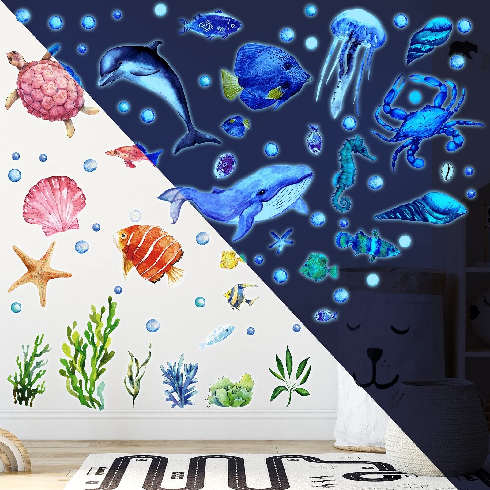 52 Pcs Ocean Fish Wall Decals Glow in The Dark Under The Sea Wall Decals Sea …