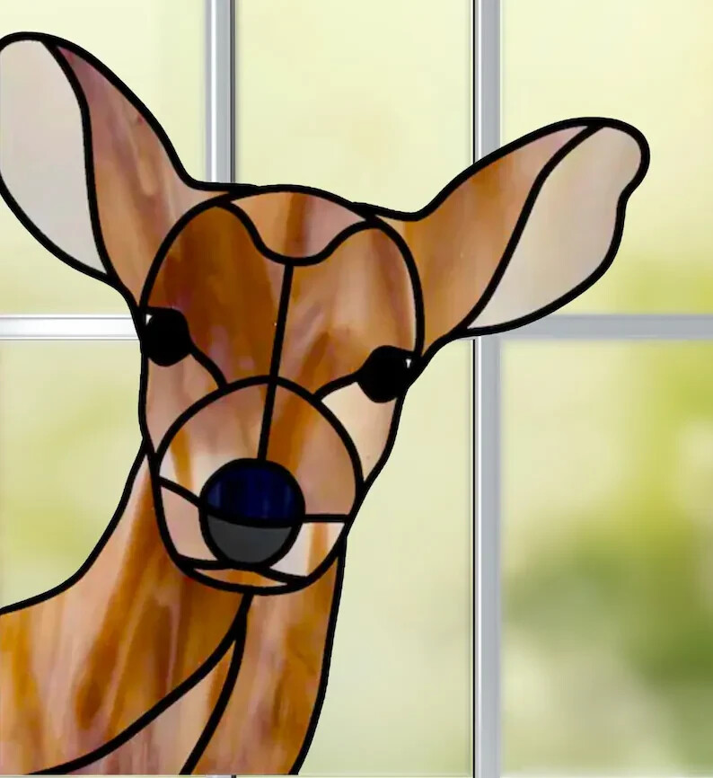 Peeking Deer Faux Stained-Glass WINDOW CLING Size 9.8" Repositionable Vinyl