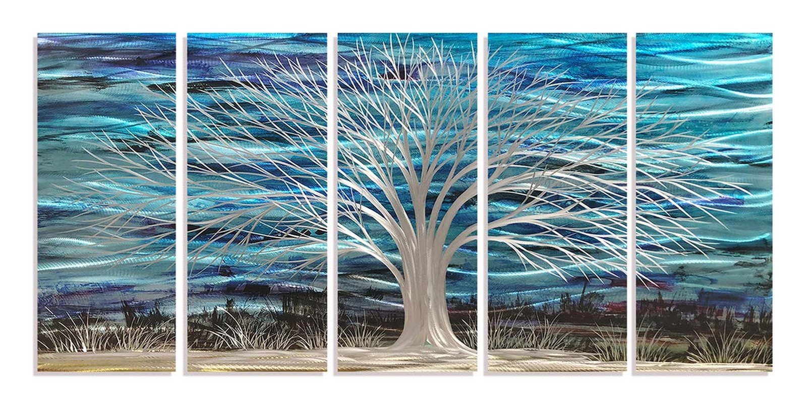 RICHSPACE ARTS 3D Blue Abstract Metal Wall Art Bright Silver Tree Metallic Ar…