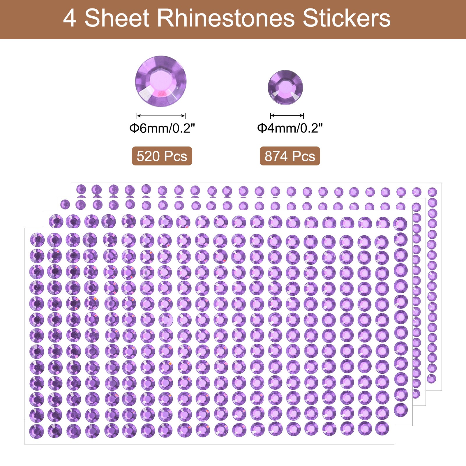 1394Pcs 4mm/6mm Self-Adhesive Rhinestone Stickers (4 Sheet Light Purple)