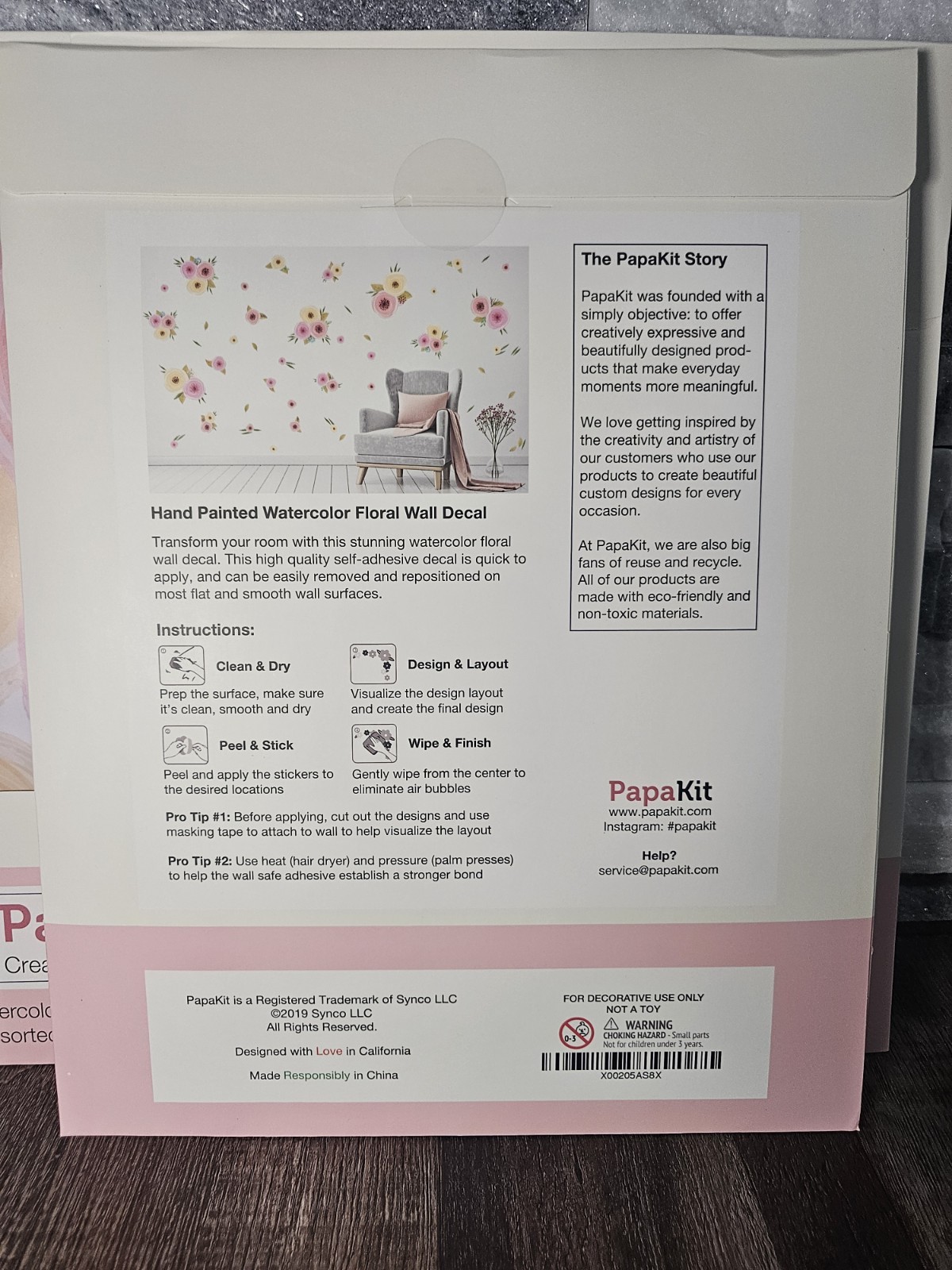 Papakit Creative Wall Decal Set Of 3, Ea 72 Watercolor Spring Floral Design NIB