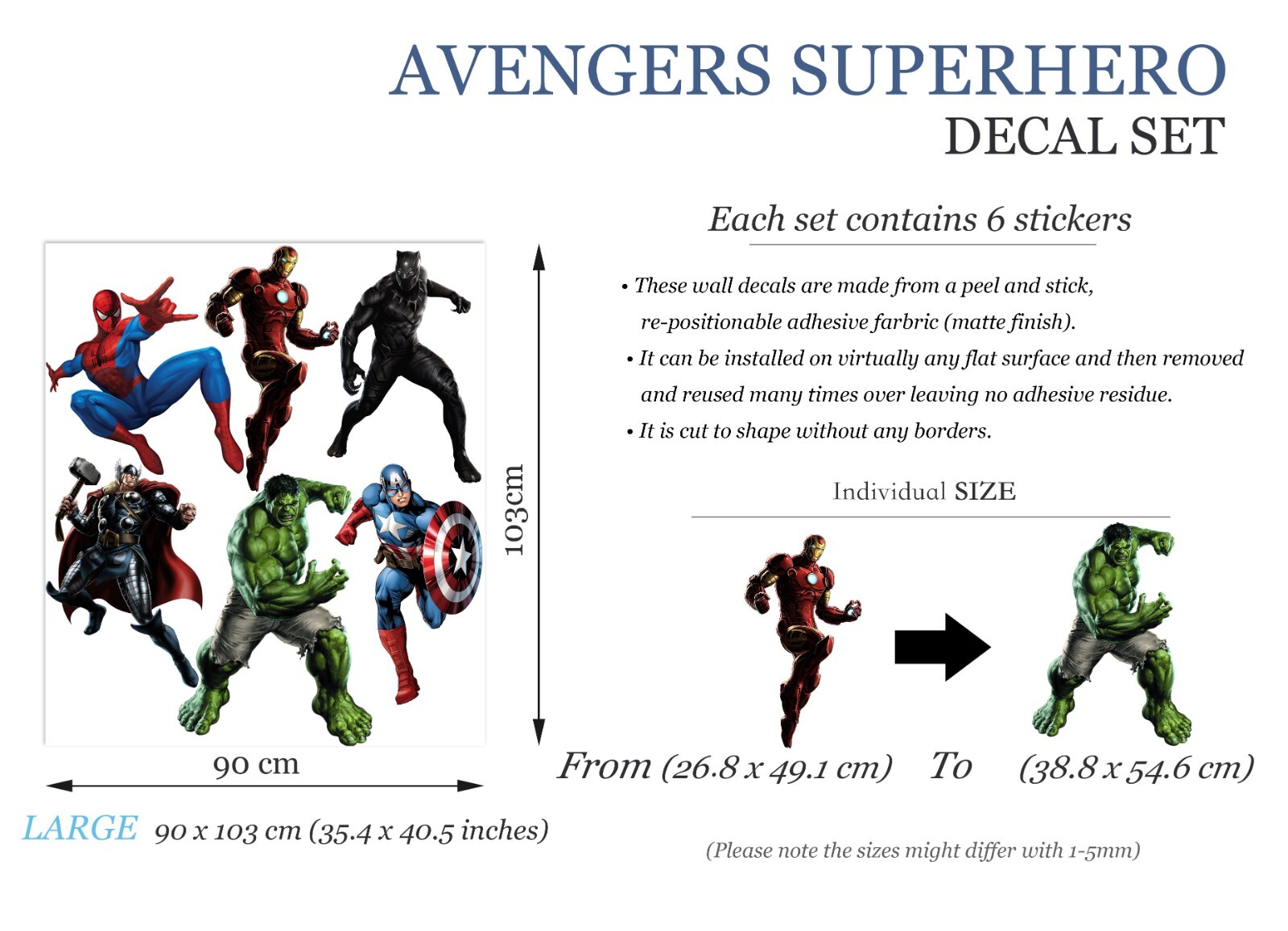 Superhero Hulk Spiderman Iron Man Captain America Avengers Wall Decal Sticker