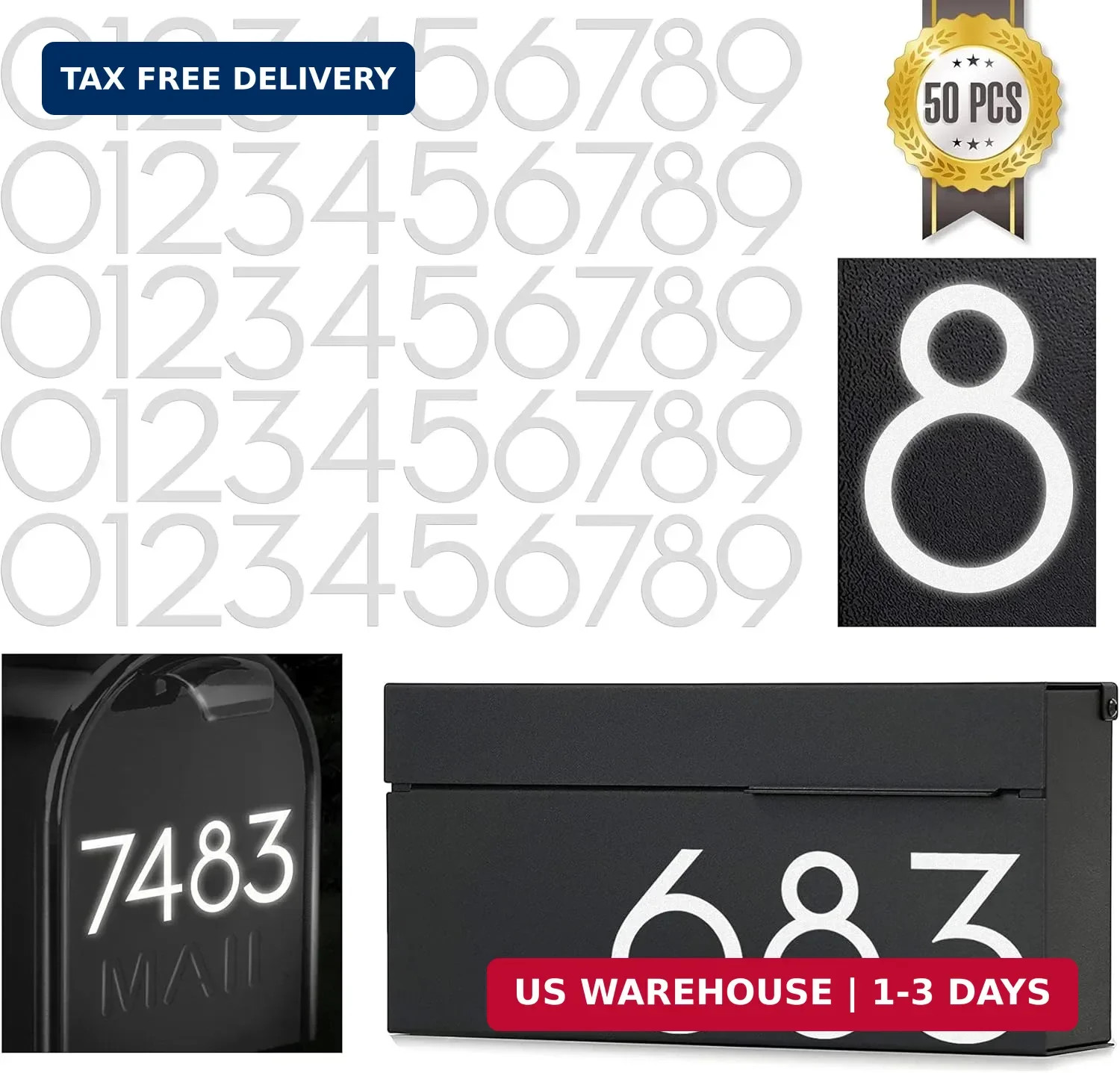 3 inch Reflective Mailbox Numbers Sticker (0-9, 5 Sets) Modern Number Vinyl Wate