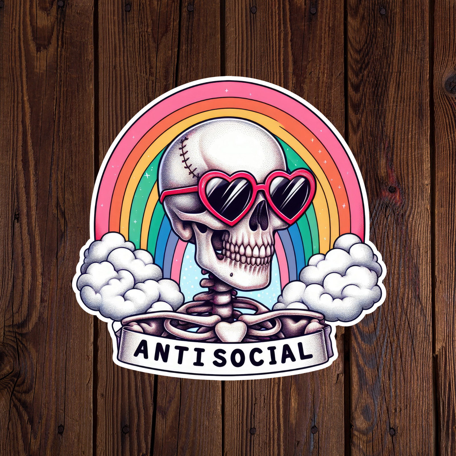 Skeleton sticker vinyl decal antisocial rainbow clouds heart funny laptop mug