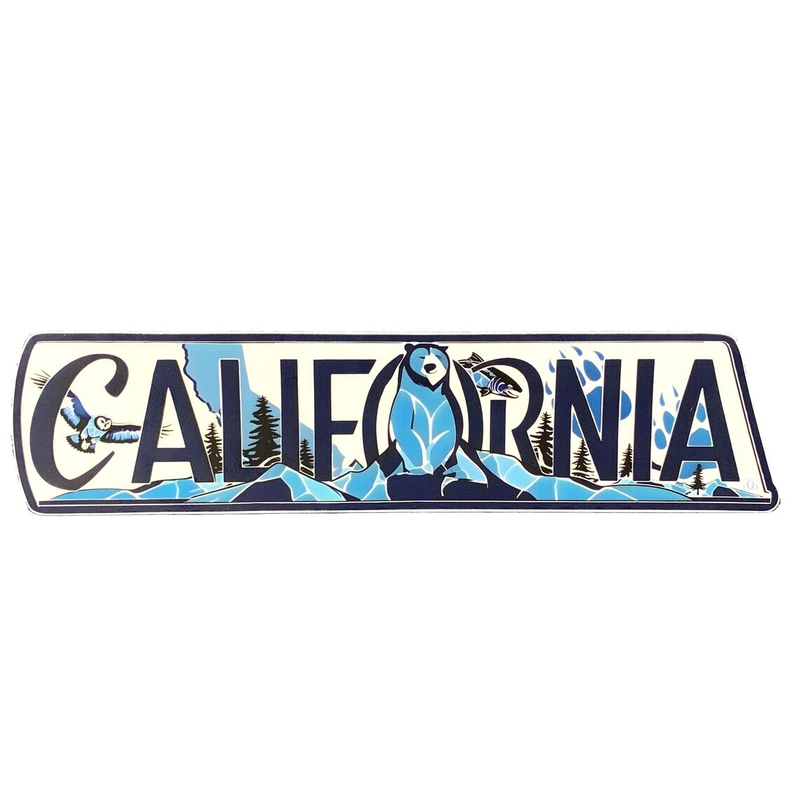 California Sticker – Forest Nature Mountains Bear Owl Salmon Vinyl Decal 7.5"