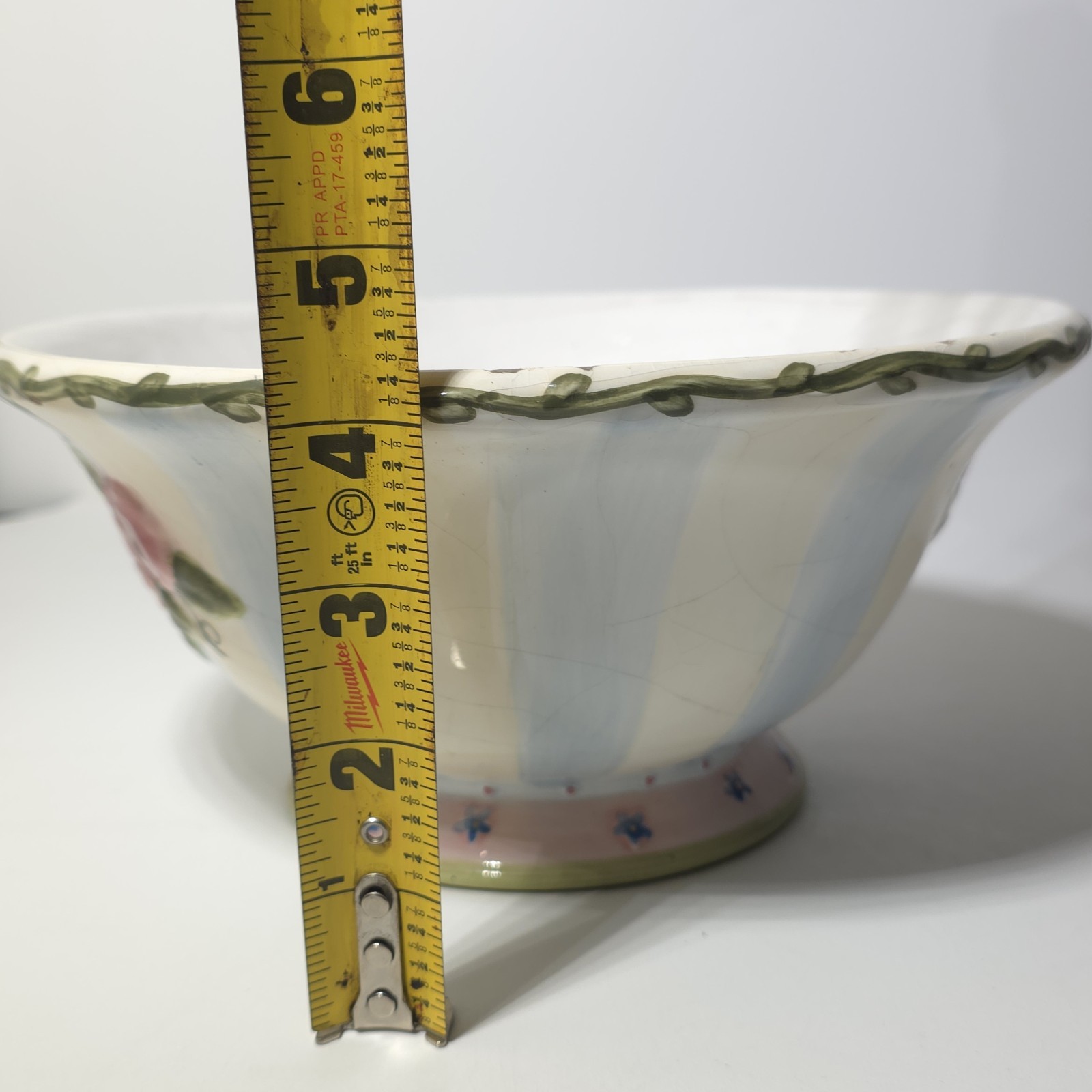 Vintage Cottagecore Pink Rose Blue Striped Footed Ceramic Serving Bowl 9" x 4"