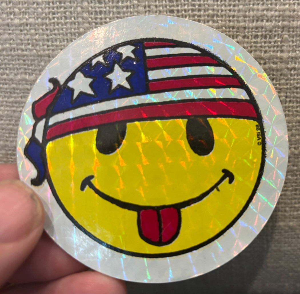 Vintage! Smiley Face with American Flag Bandana Sticker ~Yellow Prism Glitter 3"