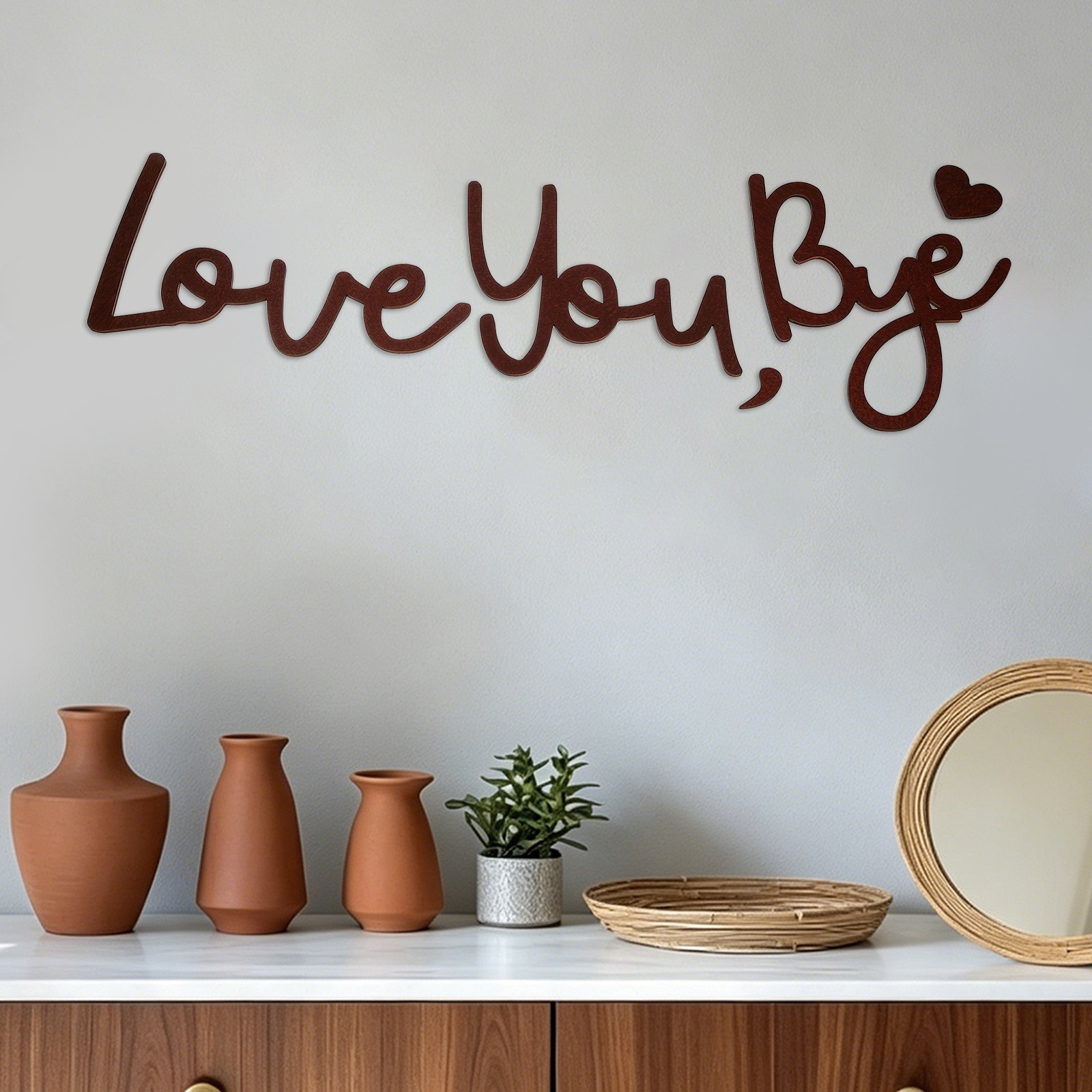 Brown Wooden Sign Love You Bye Wood Sign with Comma and Heart for Wall Decor