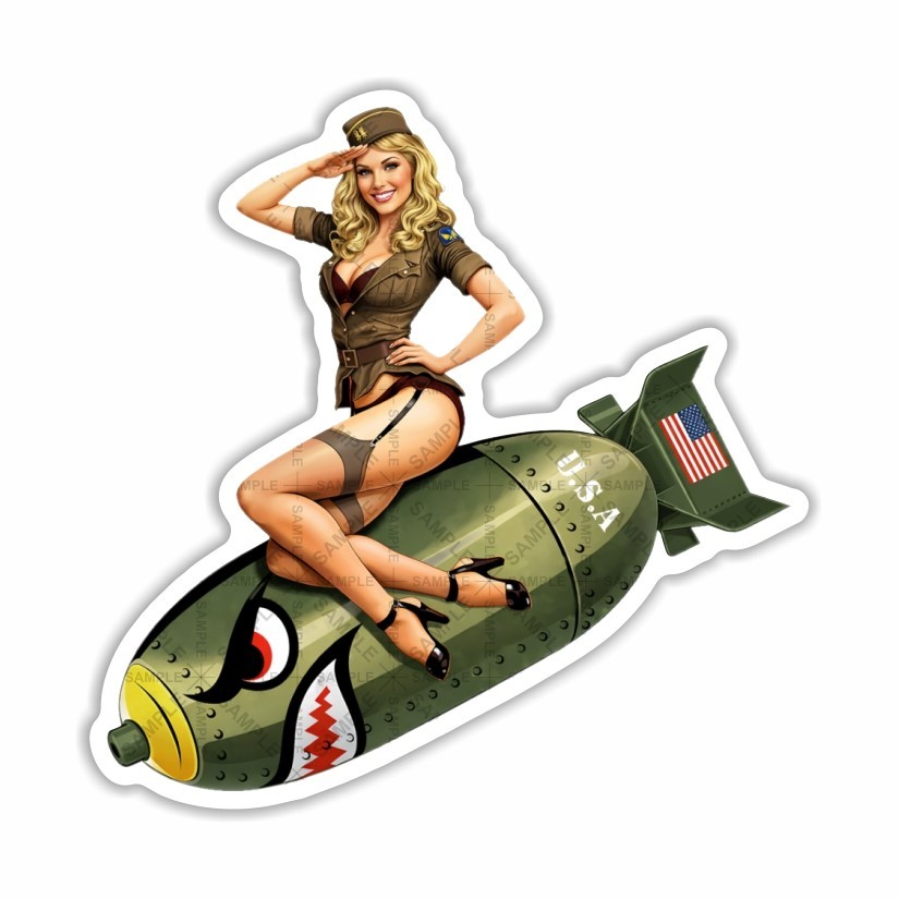 Vintage Pin Up Bomb Girl Sticker WWII Style Blonde Decal USA Nose Art