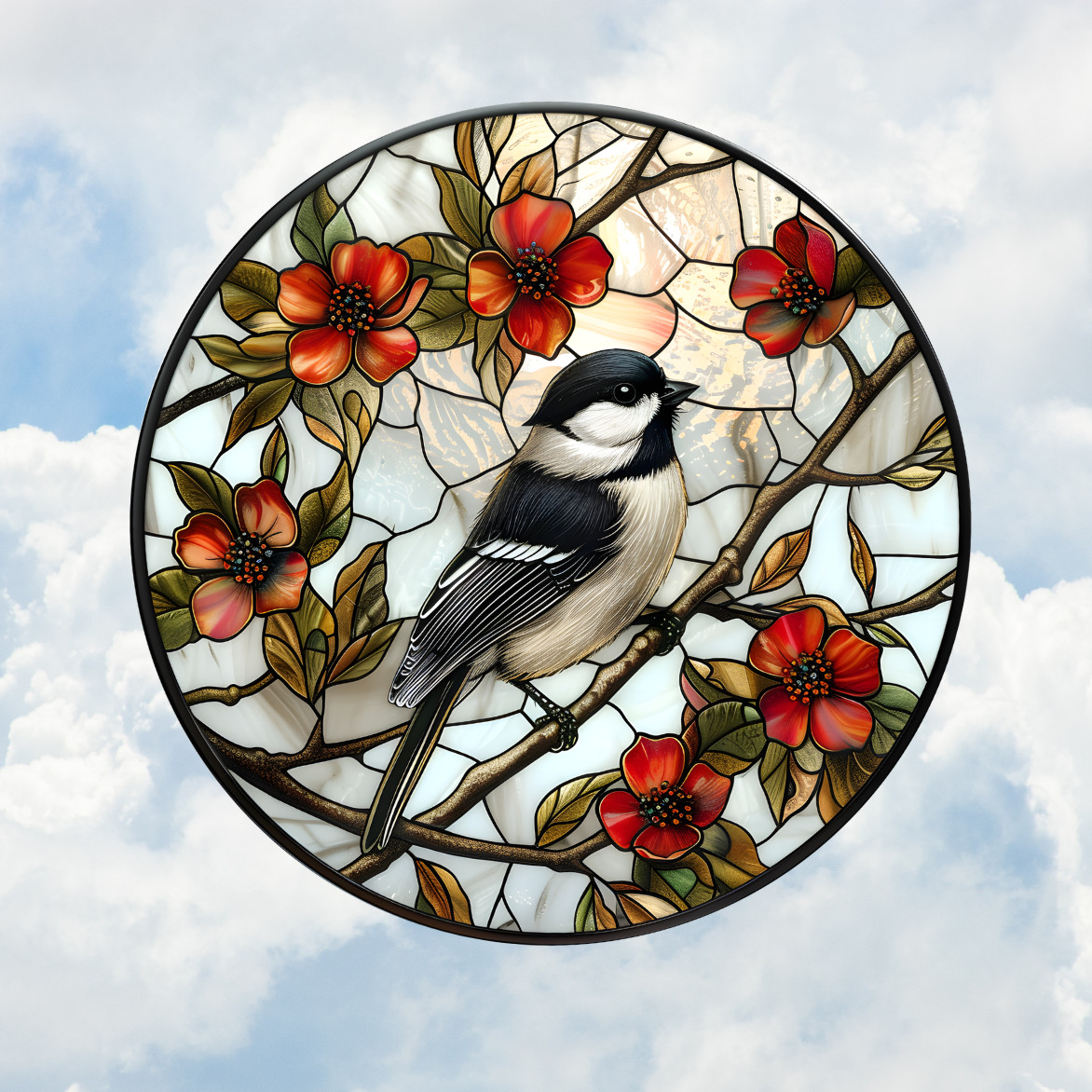 Chickadee Bird on Branch WINDOW CLING Size 8" Round Repositionable Vinyl