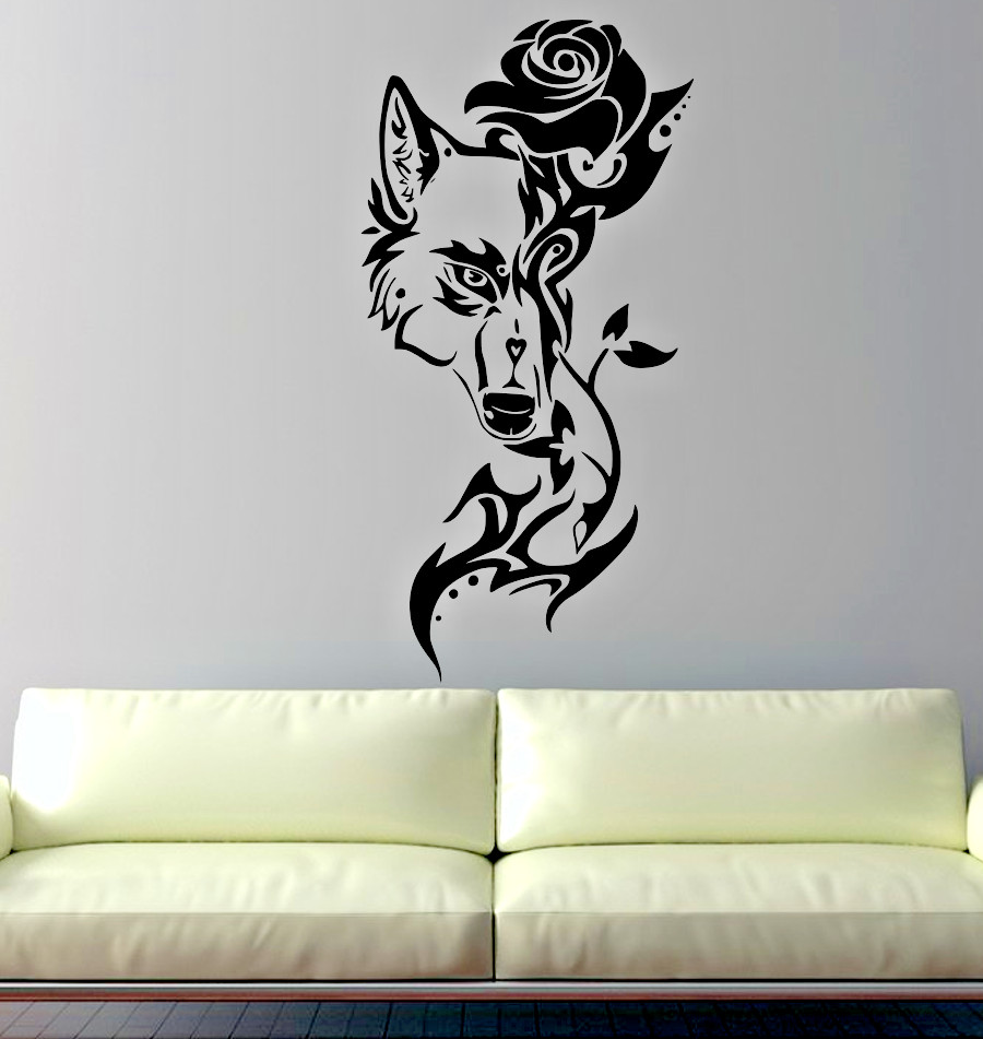 WOLF ROSE TRIBAL WALL CAR VINYL DECAL DIE CUSTOM MADE 9-22" TALL COLOR CHOICES