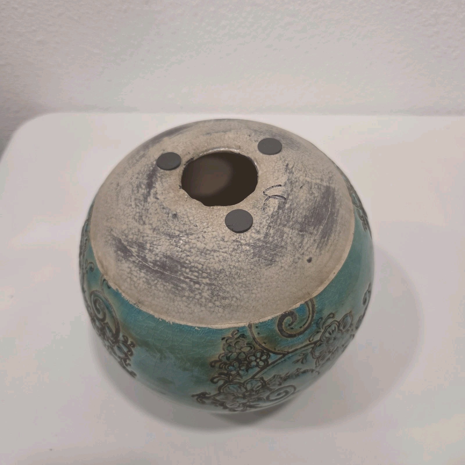 Vintage Turquoise Crackle Glaze Ceramic Decorative Orb Sphere 7” Floral Scroll