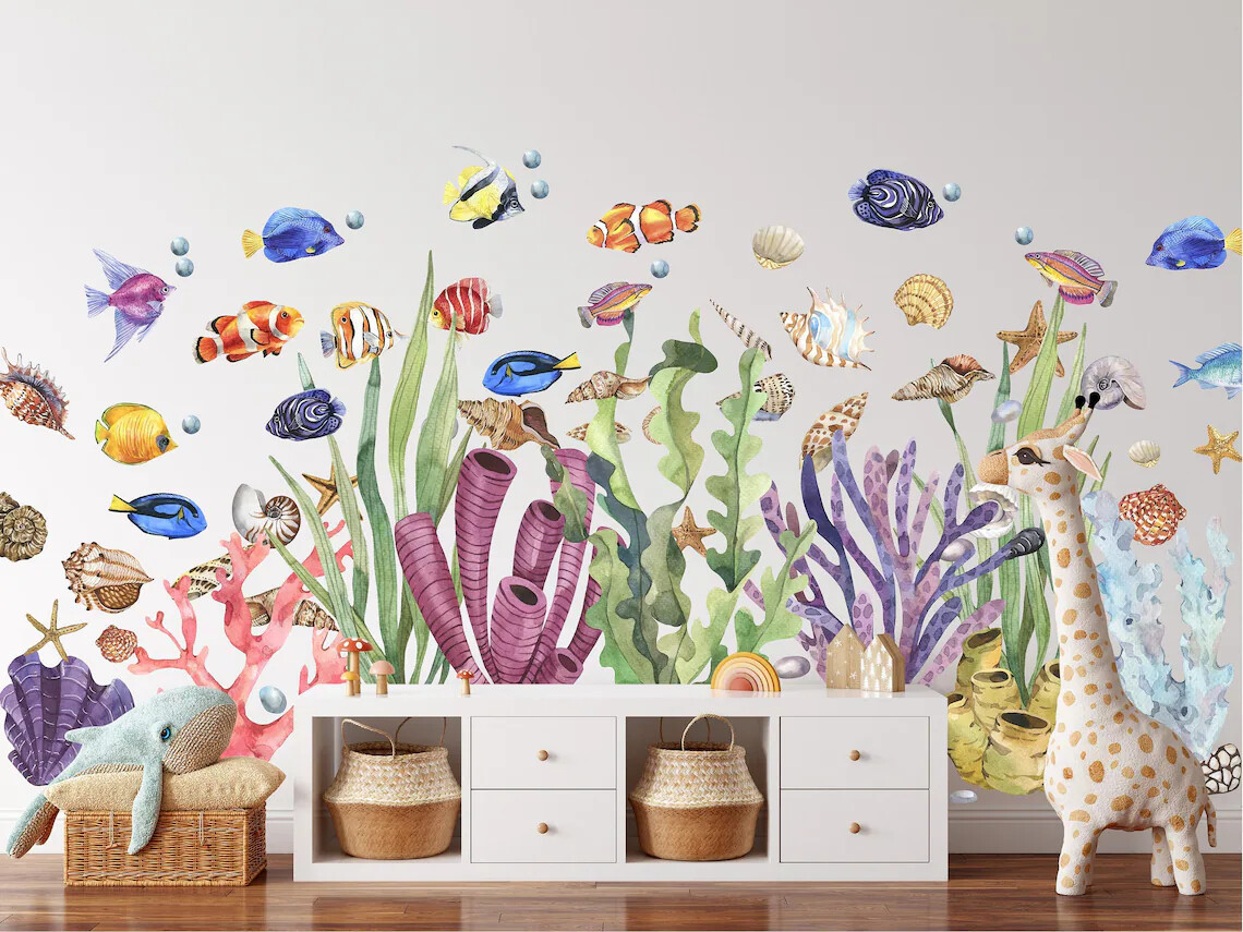 Seaweed, Coral, Tropical Fish & Seashells Ocean Fabric Wall Decal Set Removable
