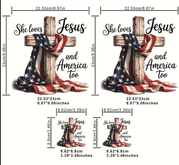 2 SHE LOVES JESUS AND AMERICA TOO PATRIOTIC STICKERS Iron On Transfer Decal