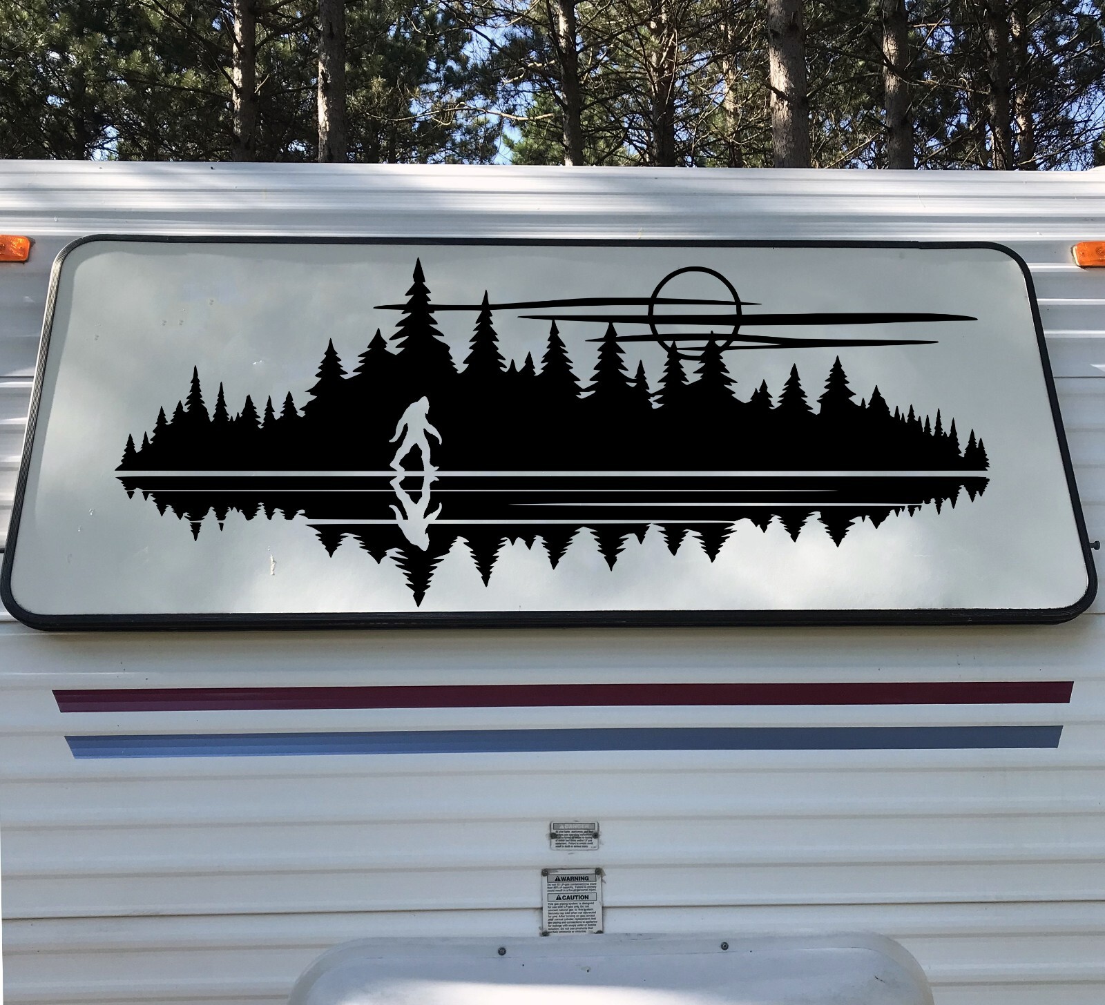 Lake Moon Bigfoot in Tree Line Forest Scene Vinyl Decal V7 | Sasquatch Camping |
