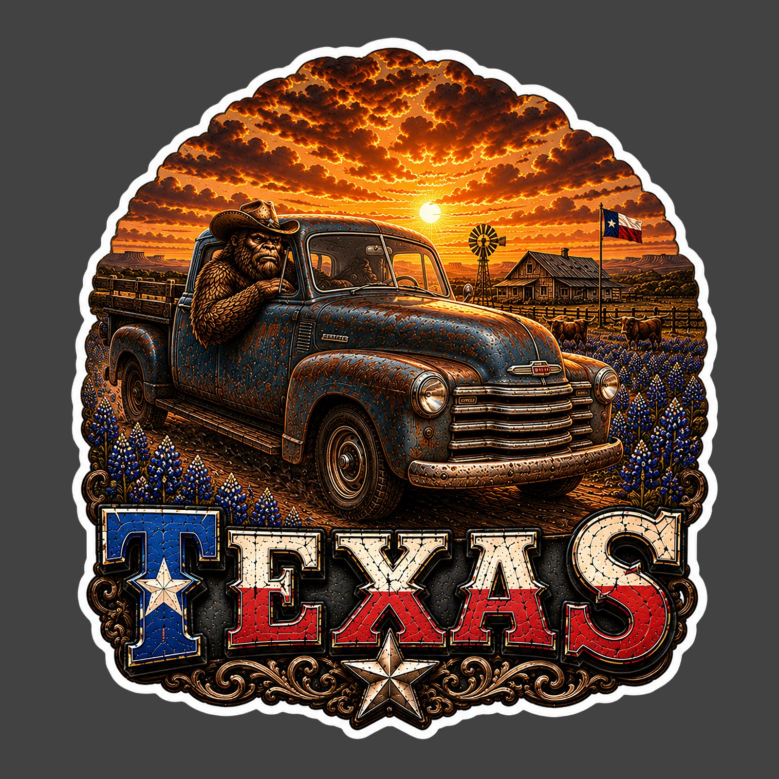 Texas Sticker Vinyl Decal Bigfoot Driving Vintage Pickup Truck Ranch Sunset