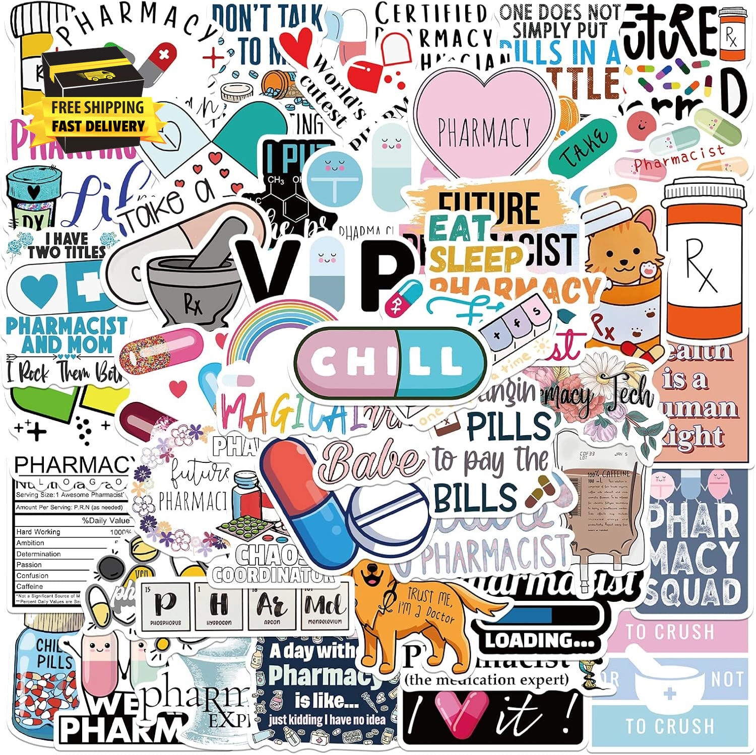 Cute Pharmacist Stickers Pack 50Pcs,Waterproof Vinyl Decals for Water Bottles La