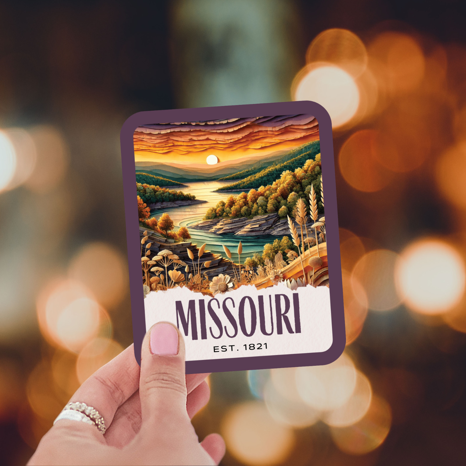 Missouri State Sticker, Paper Collage Look, Scenic Ozark Mountains Vinyl Decal