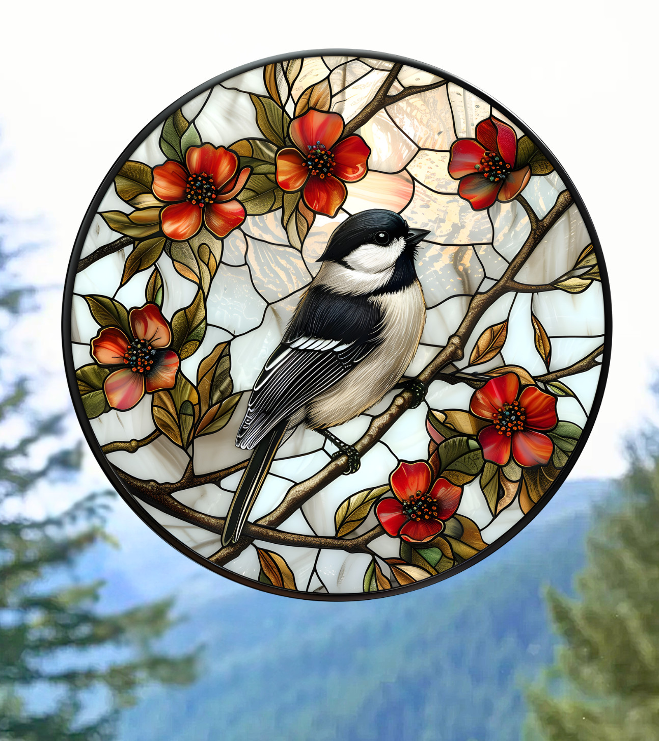 Chickadee Bird on Branch WINDOW CLING Size 8" Round Repositionable Vinyl