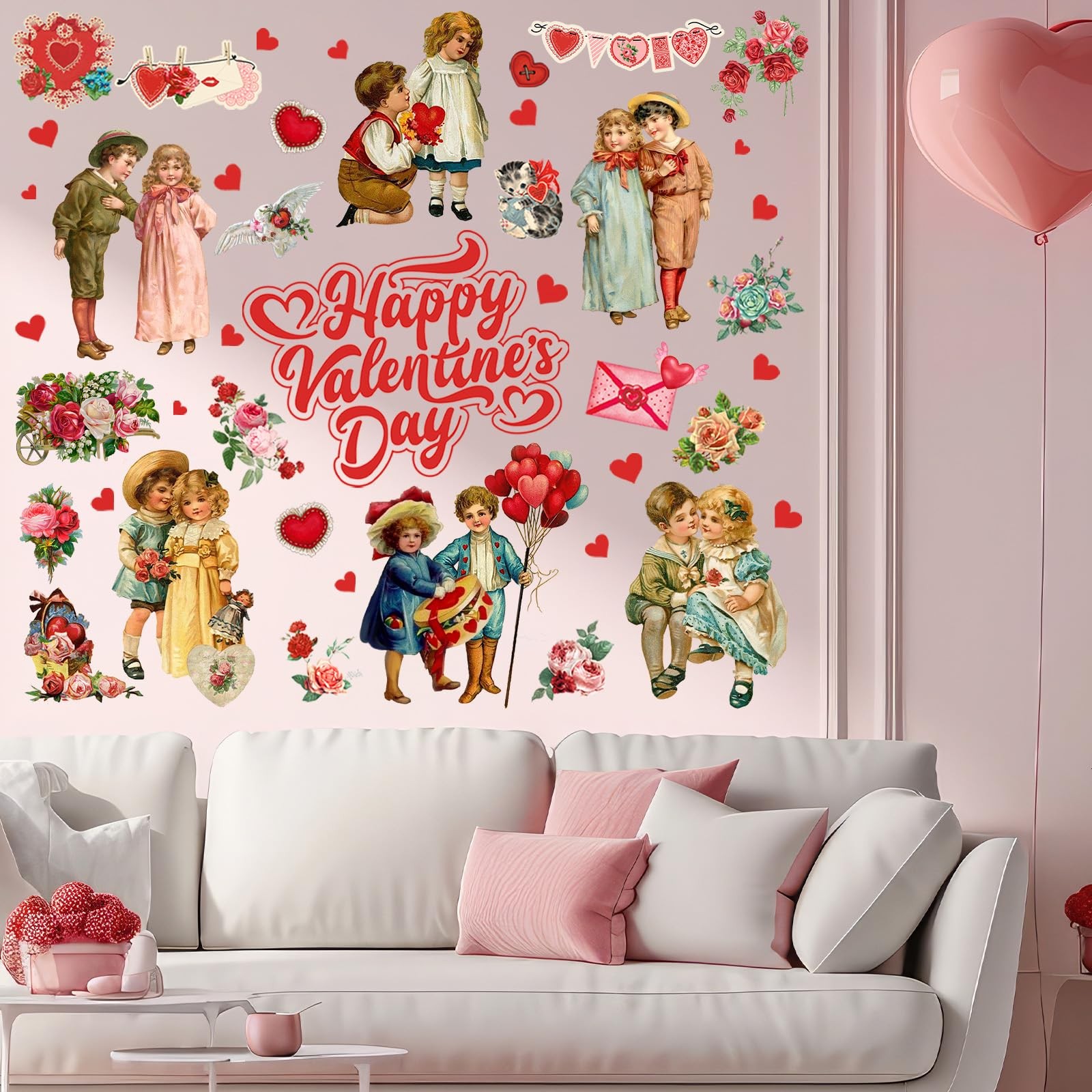 9 Sheets Valentine's Day Wall Decals Vintage Victorian People Rose Heart Wall St