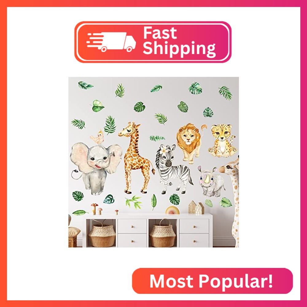 Colarr 35 x 24 Inch Jungle Animals Wall Decals Watercolor Safari Wall Stickers R
