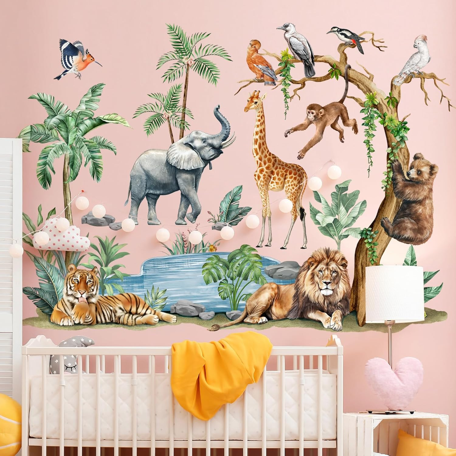 Watercolor Safari Animal Wall Decals – Jungle Tiger Lion Elephant Giraffe Monkey