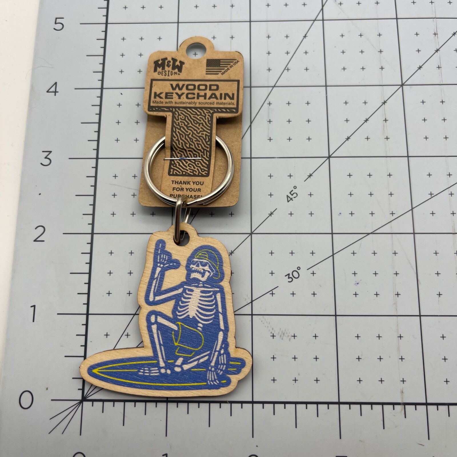 Metal and Wood Co Key Chain Travel Cool Dude Skeleton Surf Life