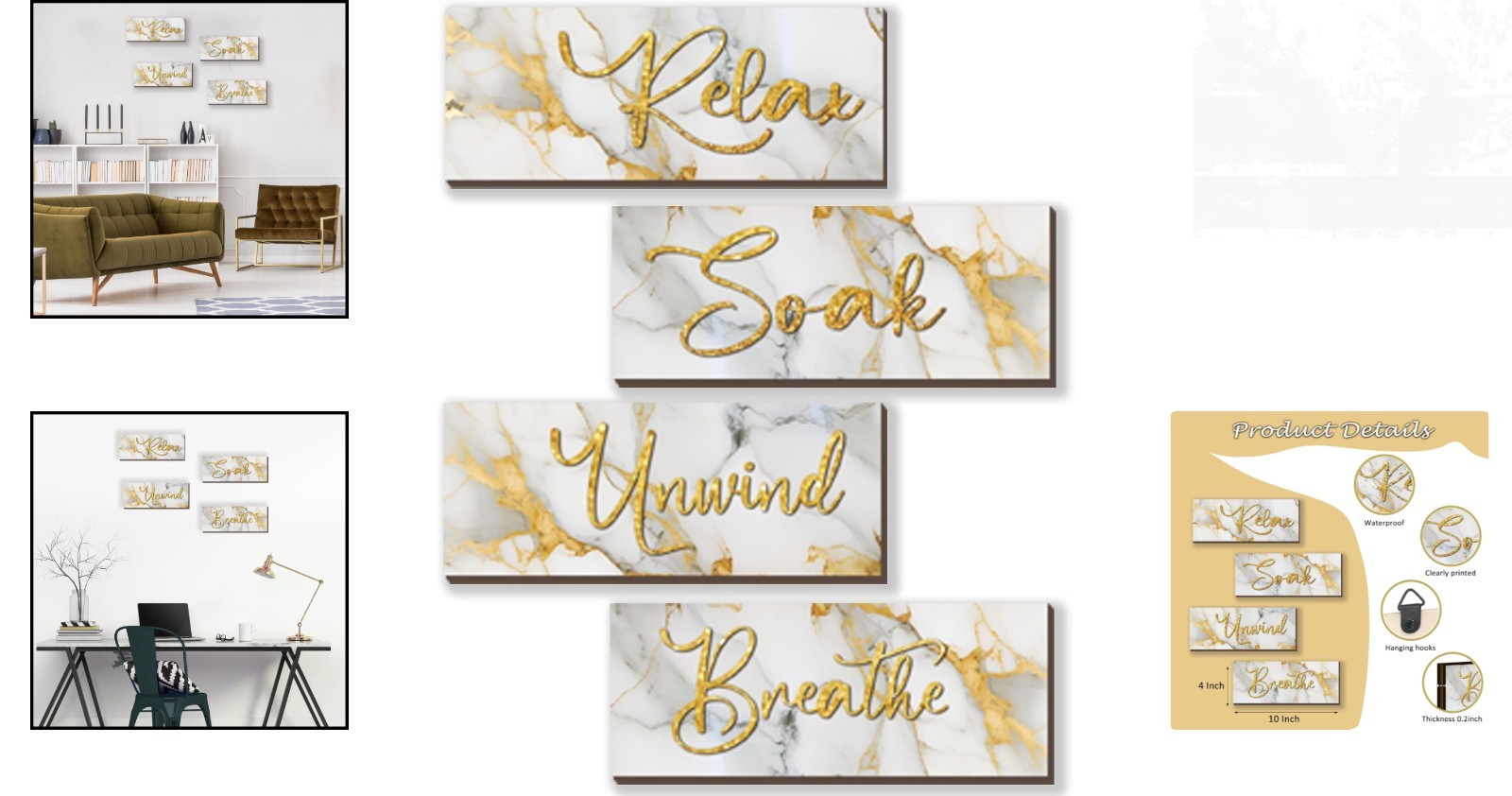 Versatile Wooden Wall Art Set in White Gold – Ideal for Bathroom & Living Spaces