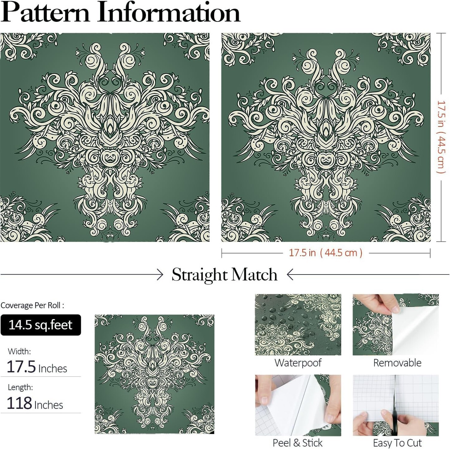 FunStick Damask Wallpaper Peel and Stick Vintage Green Victorian Wallpaper Re…