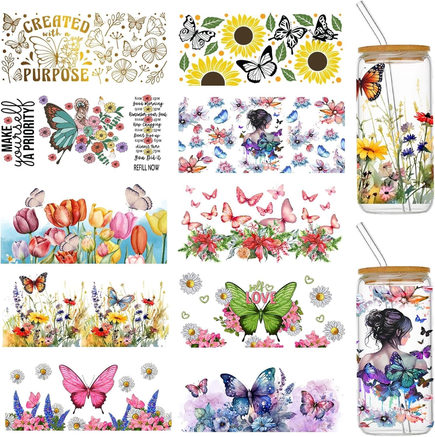 UV DTF Cup Wraps for 16 oz Glass Cups, 10 Sheets Rub on Transfers for Crafts,…