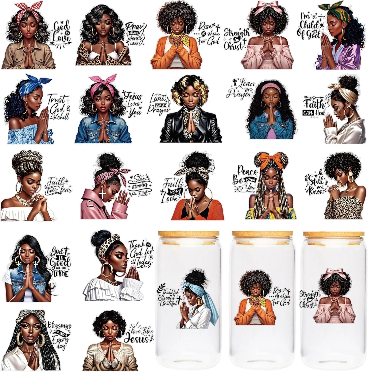 20Pcs Black Girl Pray UV DTF Cup Wraps Inspirational Waterproof Transfer Decals