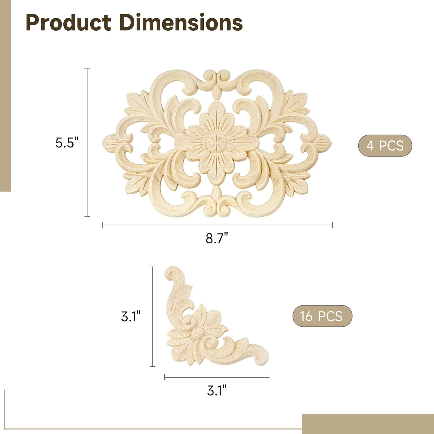 20 Pcs Wood Carved Appliques Onlays, Decorative Flower Decals for Furniture