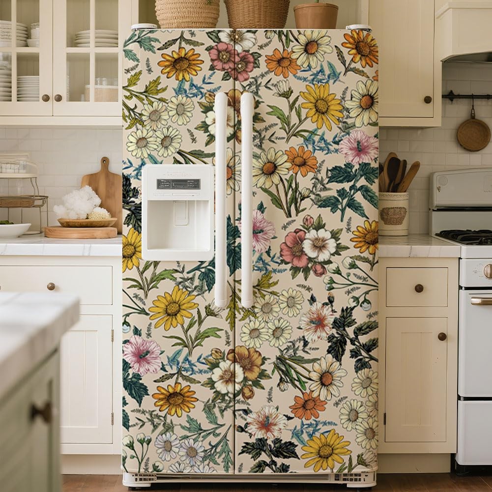 GOMAKERER 2 Pcs Retro Flower Removable Refrigerator Wraps, Self-Adhesive Frid…