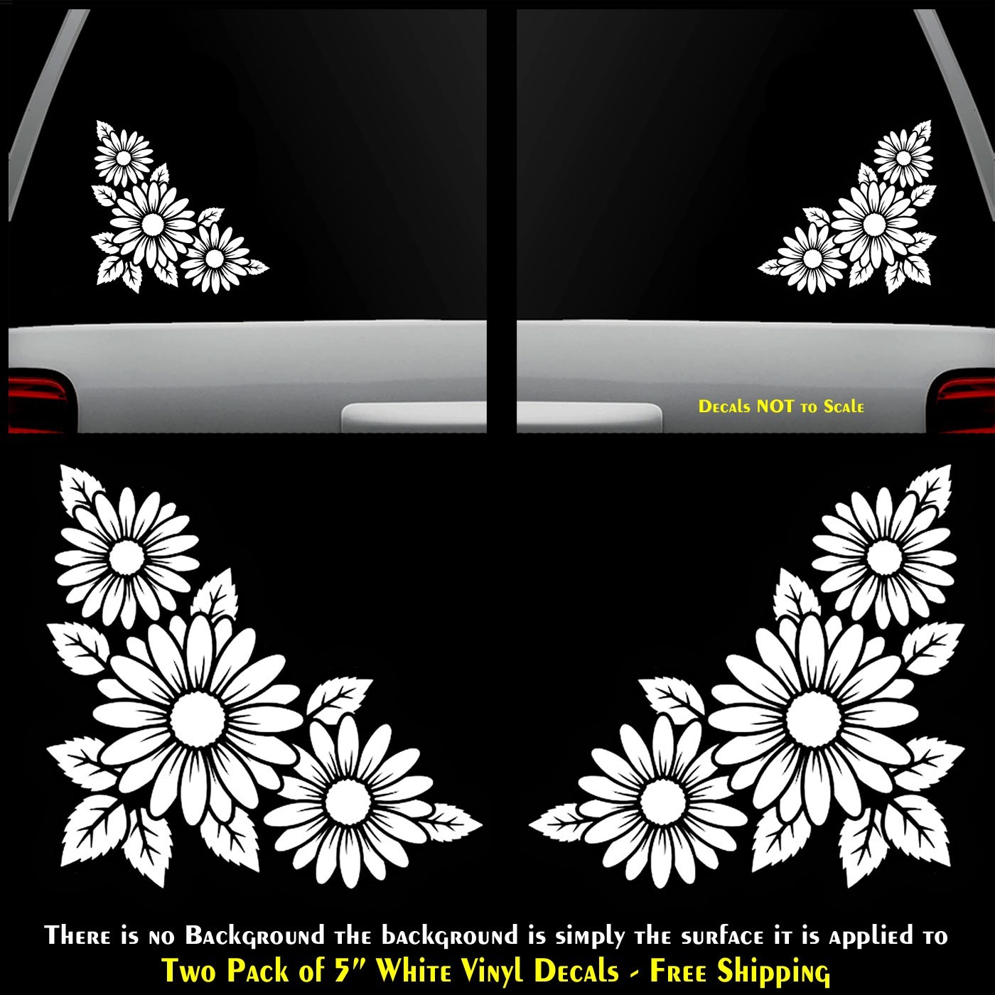 Daisy Flower 2 Pk 5" Mirrored Vinyl Decals Vehicles Window Any Flat Surface