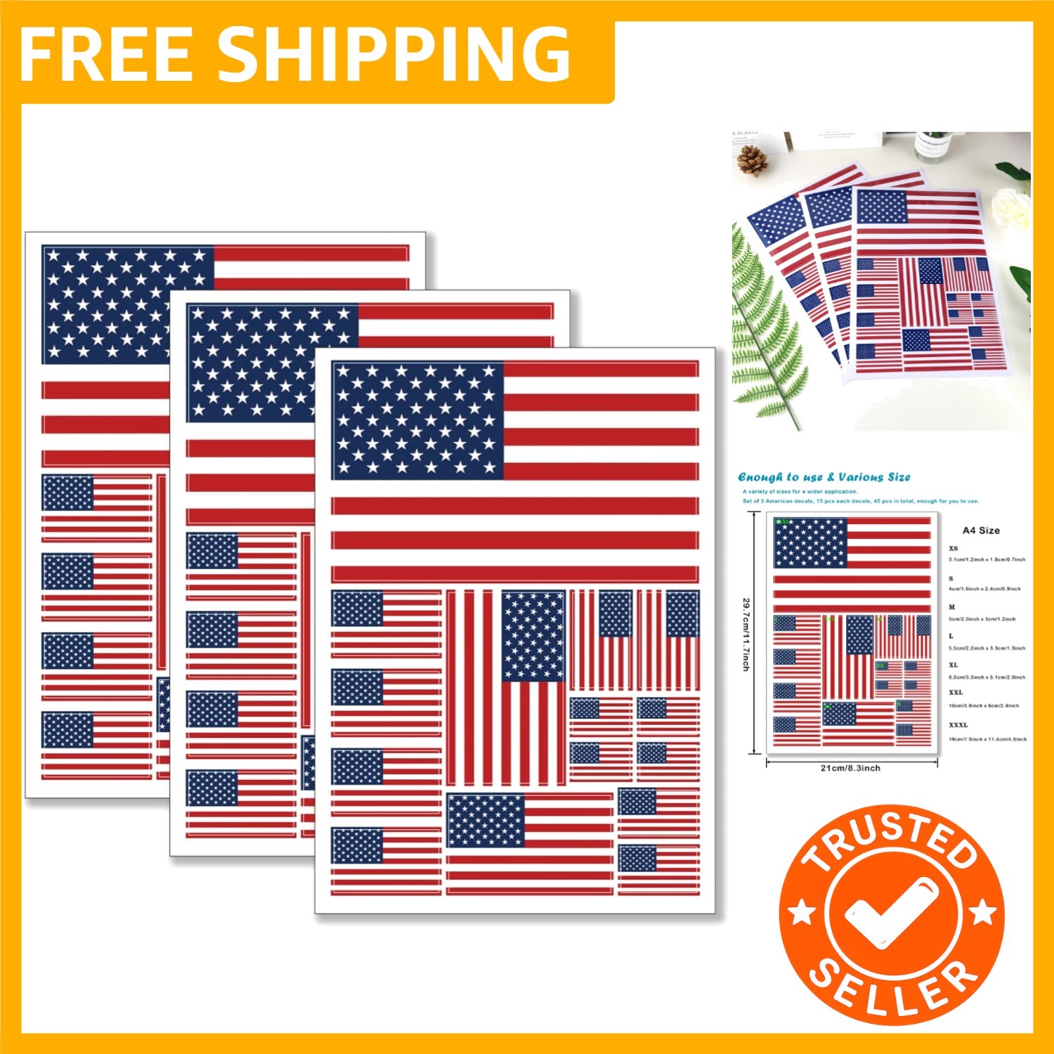 American Flag Sticker Decal in Multiple Sizes, 3 Pack, 11.7 x 8.3 Inches