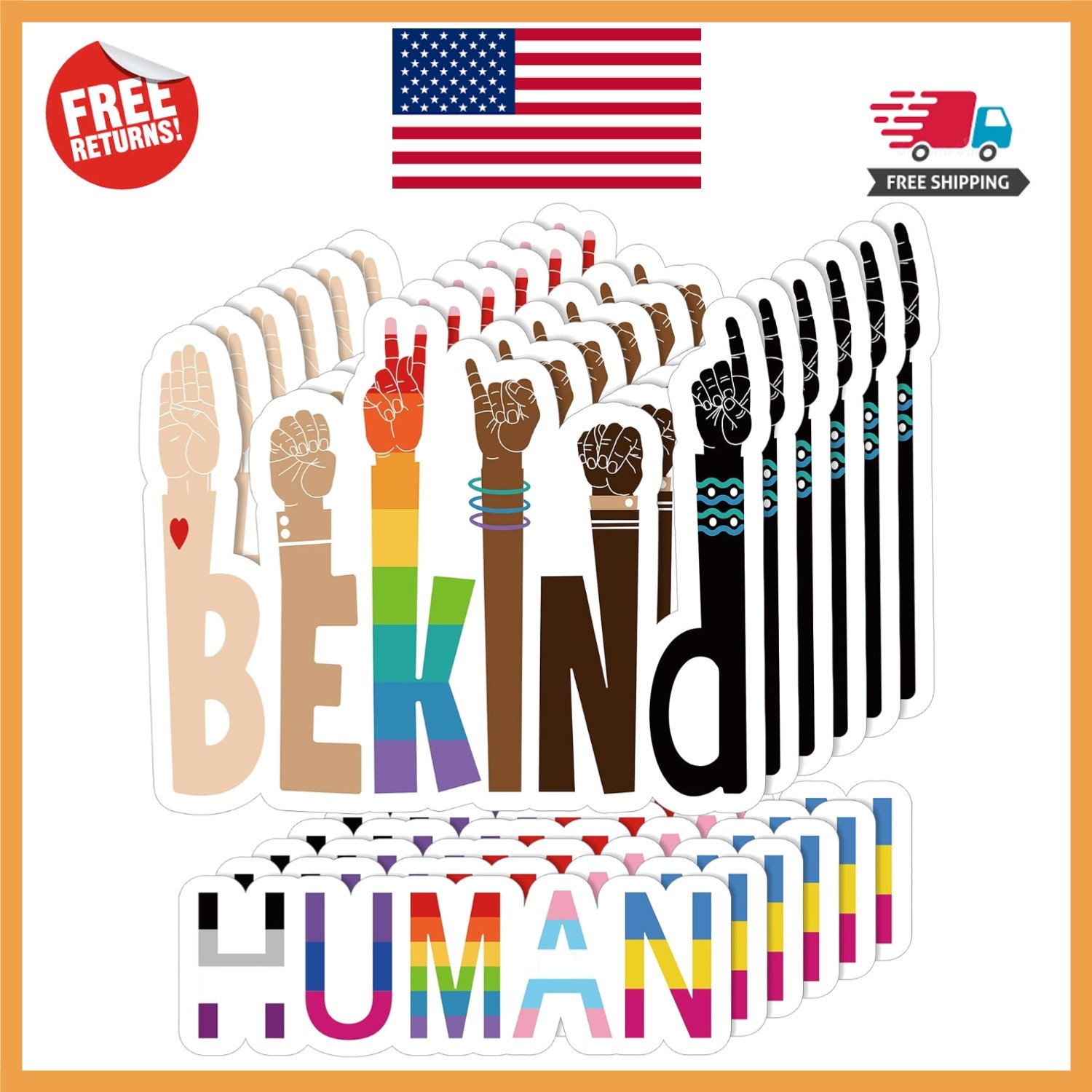 Colorful Be Kind & Human Stickers – 12 Durable Decals for Outdoor and Indoor Use