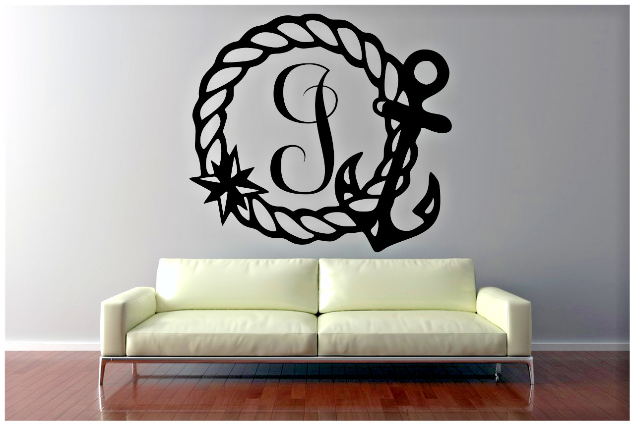 ANCHOR WREATH NAME INITIAL WALL VINYL DECAL YOUR CHOICE OF COLOR PERSONALIZED