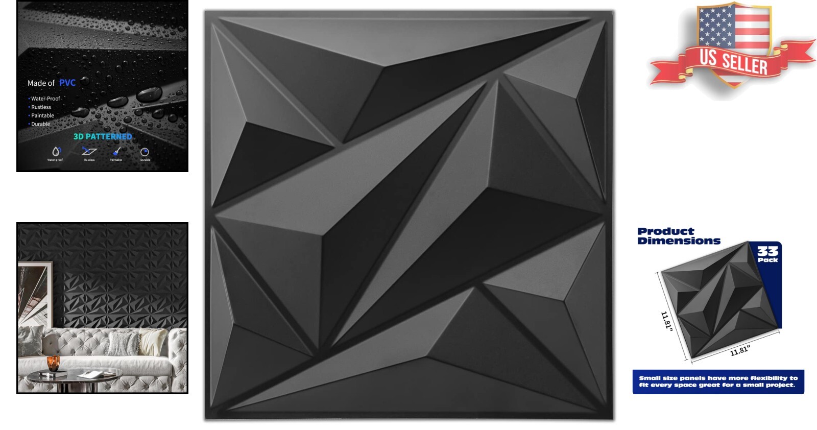 Transform Your Space with 33 Black 3D Diamond Wall Panels – Easy Install PVC Set