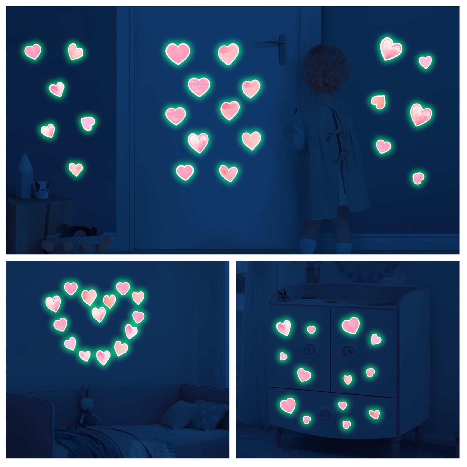 42 pcs Pink Heart Shape Wall Stickers for Girls Bedroom，Glow in The Dark Kids…