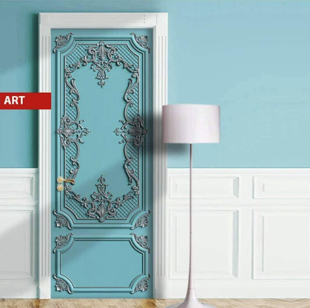 Classic Baroque Door Mural, Turquoise, Laminated Sticker Cover, Single piece