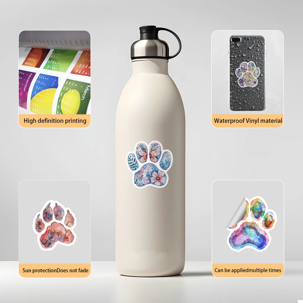 50PCS Watercolor Paw Print Graffiti Stickers – Cartoon Cat Footprint Decor for W