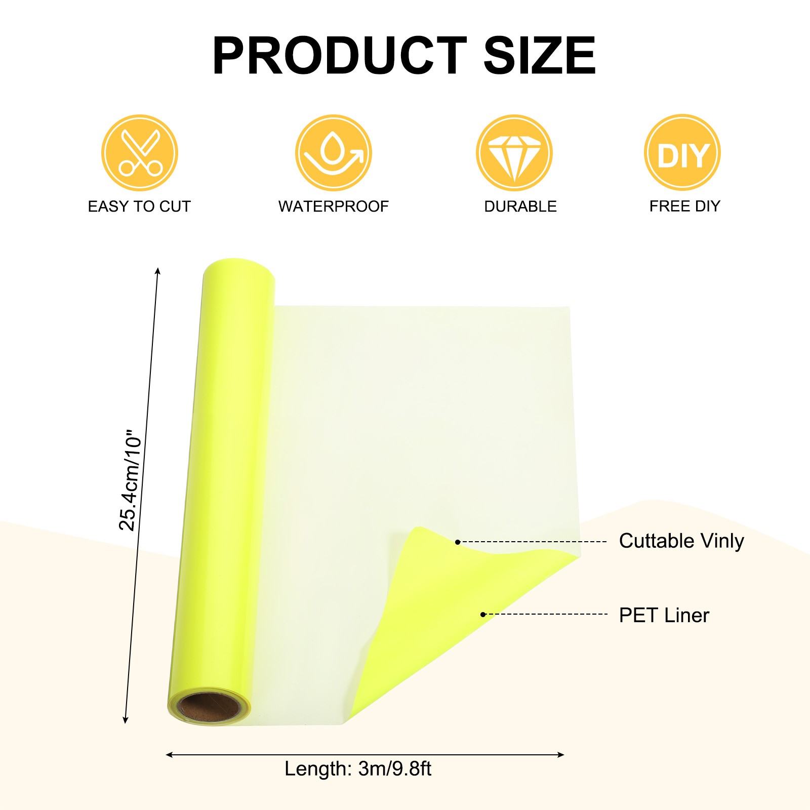 Fluorescent Yellow Permanent Vinyl, 10 Inch x 9.8ft Vinyl Roll