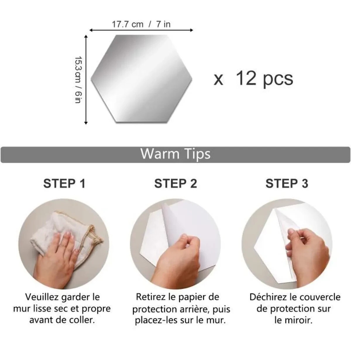 Mirror Adhesive Sticker Acrylic 12pcs Hexagon Decor 17.7cm x 15.3cm