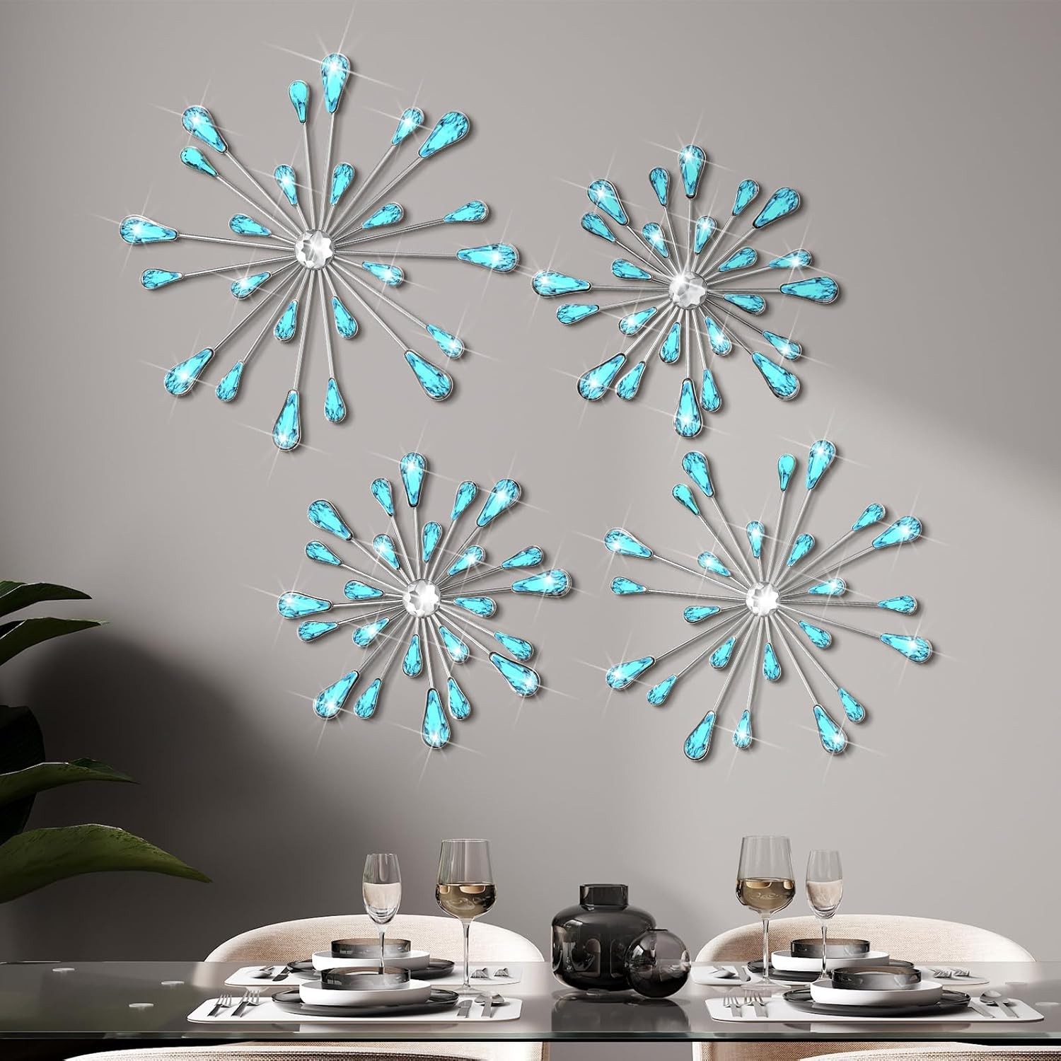 4 Pcs Starburst Wall Decor Bling Wall Art Crystal Teardrop 3D Hanging Rhinestone