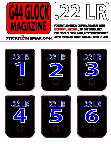 FITS GLOCK 44 .22LR BLUE NUMBERED 1-6 MAGAZINE BASE PLATE STICKERS,set of 6