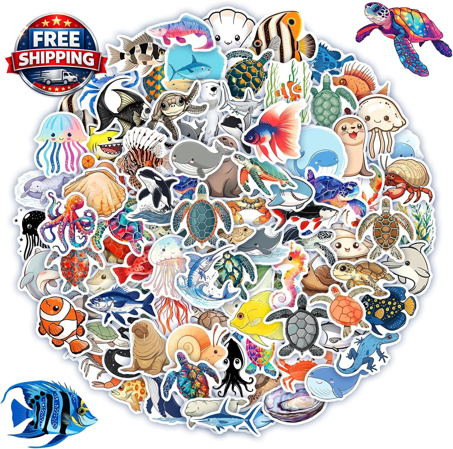 100 Pcs Ocean Stickers for Kids Teens Adults, under the Sea Animal Fish Turtle S