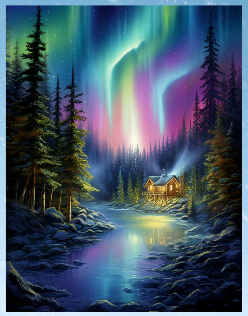 Northern Lights, Scenic River with Cabin WINDOW CLING Size 10.4" Vinyl